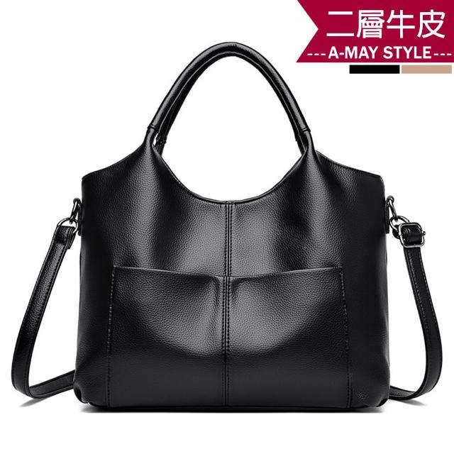【Amay Style 艾美時尚】秋新品 真皮女包 手提包 斜背包 大容量歐美時尚牛皮手提側肩背托特包(2色.預購)