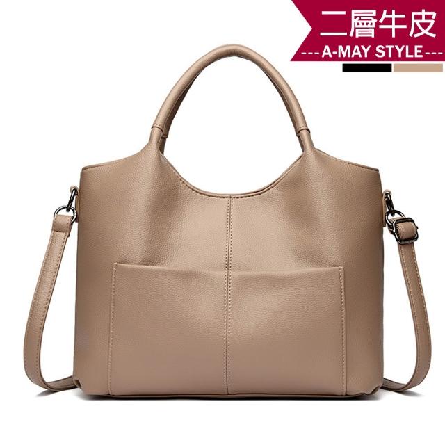 【Amay Style 艾美時尚】秋新品 真皮女包 手提包 斜背包 大容量歐美時尚牛皮手提側肩背托特包(2色.預購)