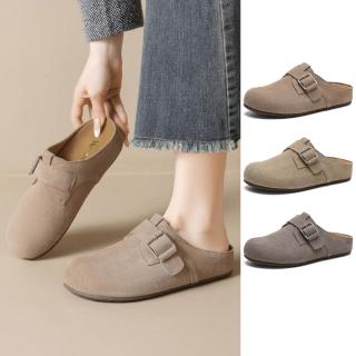 【J&H collection】秋冬百搭皮帶扣圓頭厚底穆勒鞋 勃肯拖 半拖鞋(卡其色 / 沙色 / 灰色)